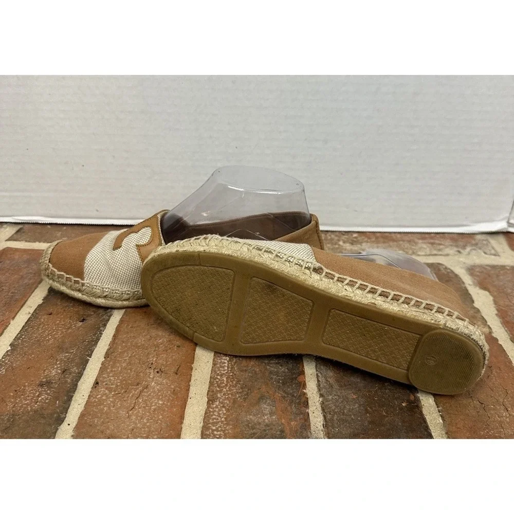 Tory Burch Espadrille Flats‎ Tan & Cream Canvas Slip-On Shoes Size 8 M